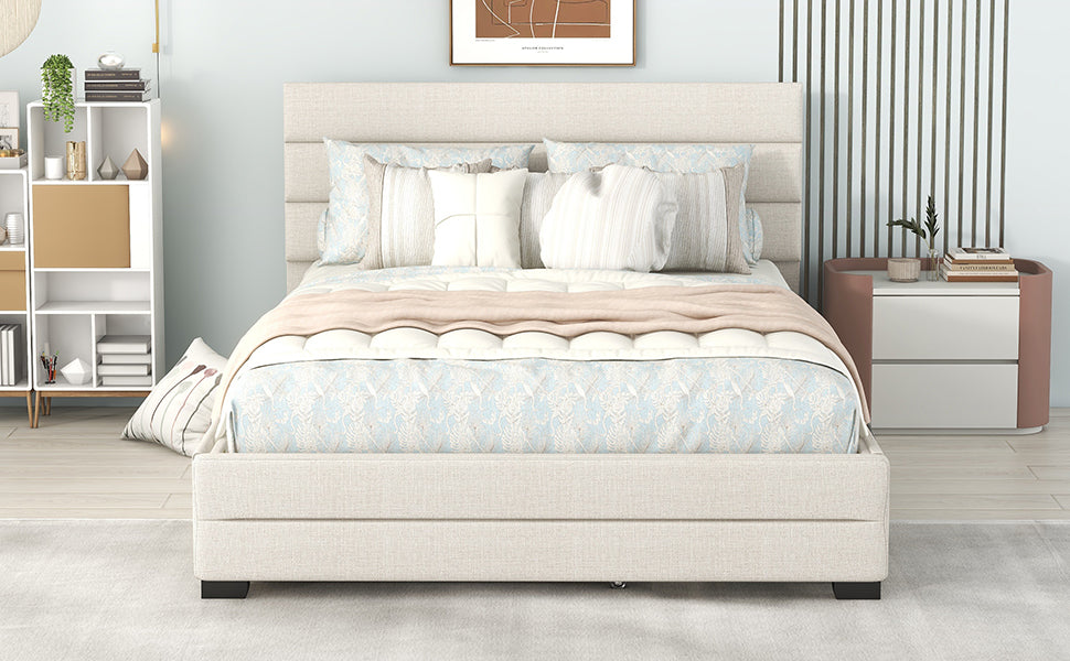 Queen Upholstered Platform Bed with Twin Size Trundle and Two Drawers