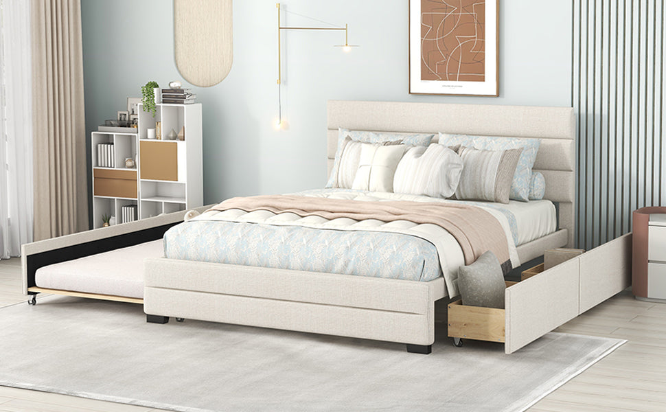 Queen Upholstered Platform Bed with Twin Size Trundle and Two Drawers