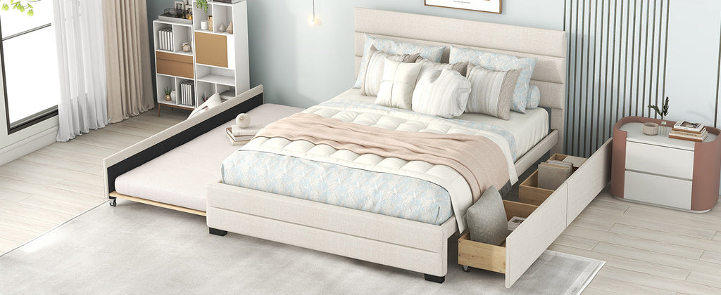 Queen Upholstered Platform Bed with Twin Size Trundle and Two Drawers