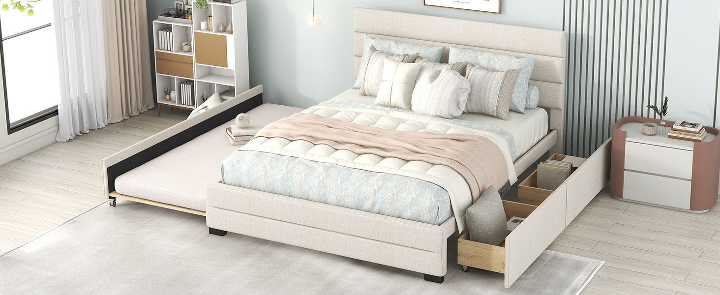 Queen Upholstered Platform Bed with Twin Size Trundle and Two Drawers
