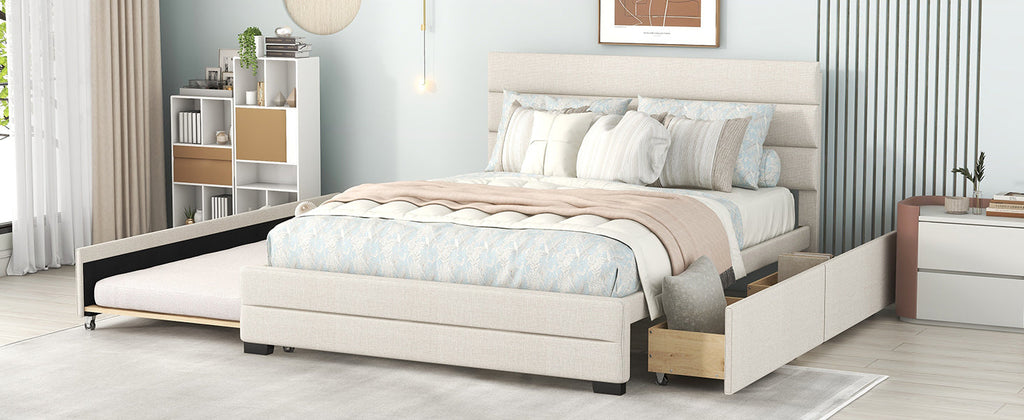 Queen Upholstered Platform Bed with Twin Size Trundle and Two Drawers