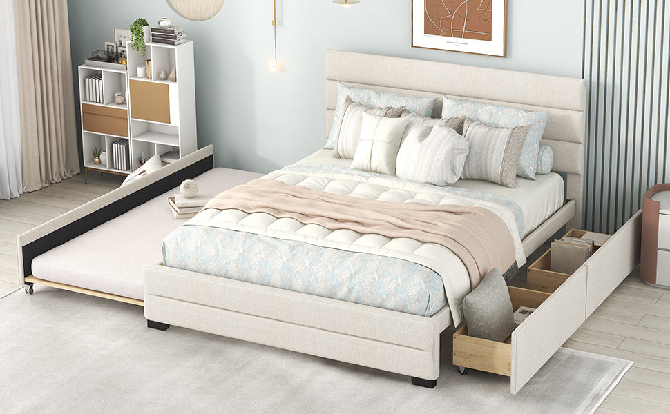 Queen Upholstered Platform Bed with Twin Size Trundle and Two Drawers