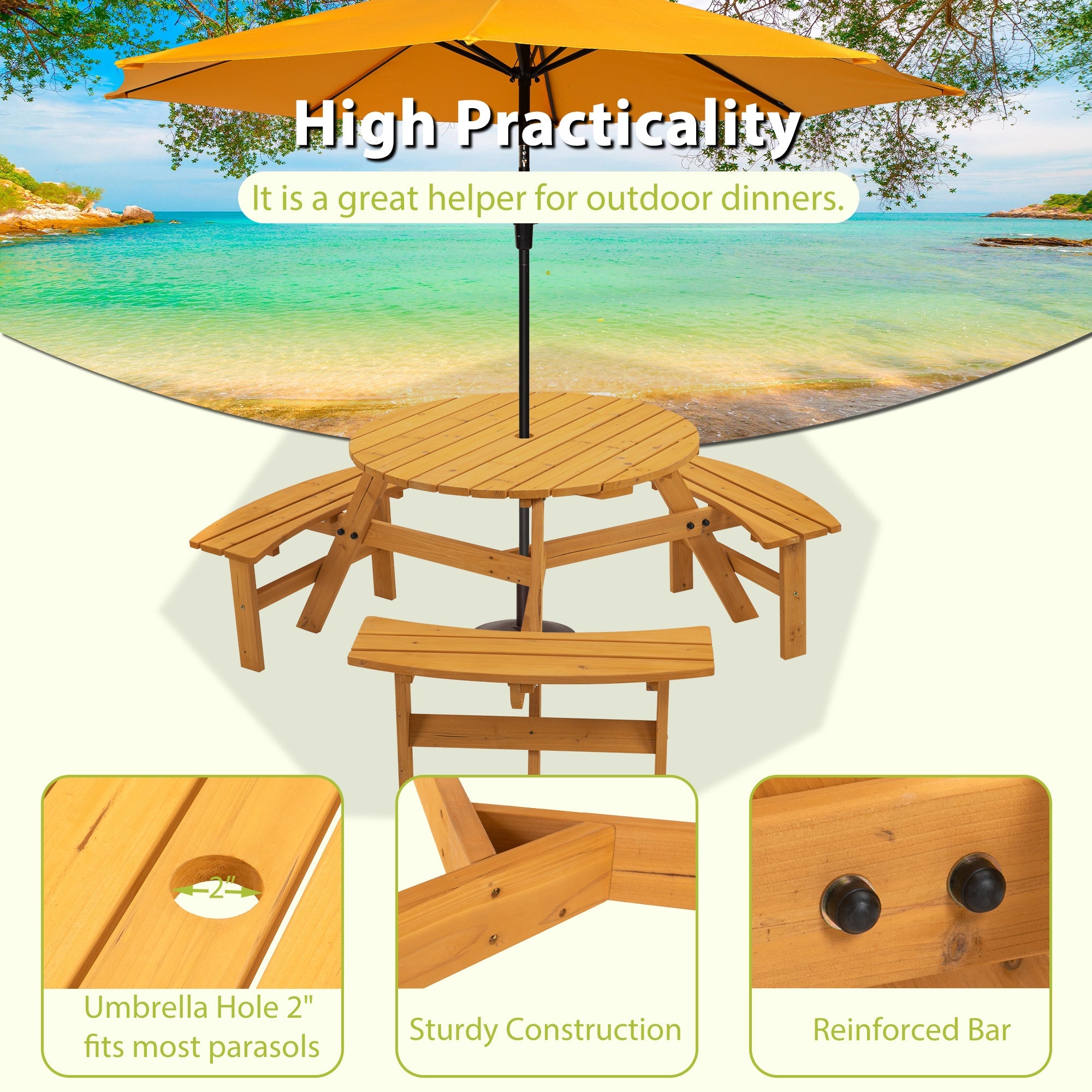 6-Person Circular Outdoor Wooden Picnic Table