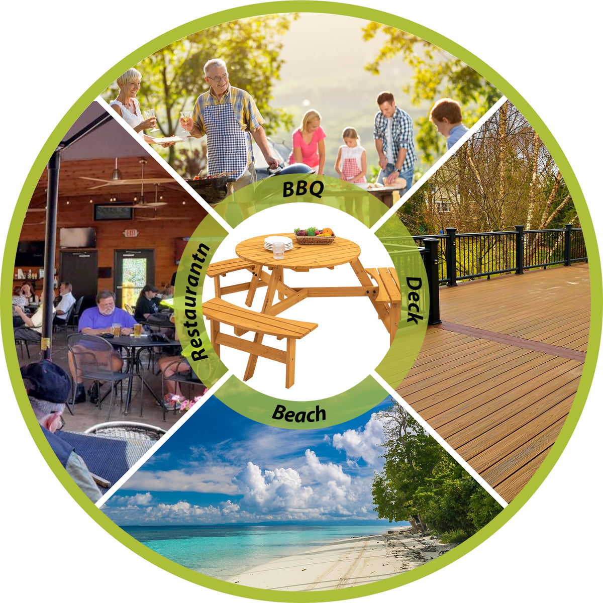 6-Person Circular Outdoor Wooden Picnic Table