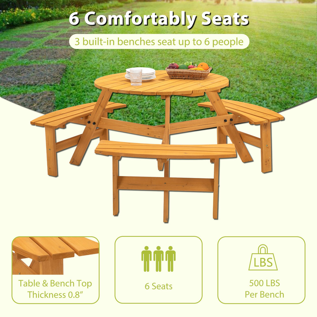 6-Person Circular Outdoor Wooden Picnic Table