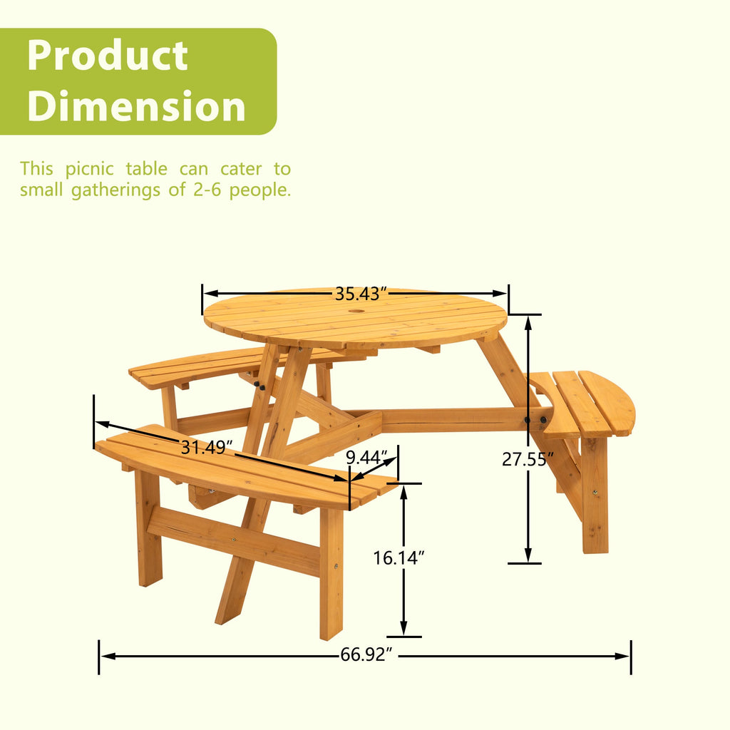 6-Person Circular Outdoor Wooden Picnic Table