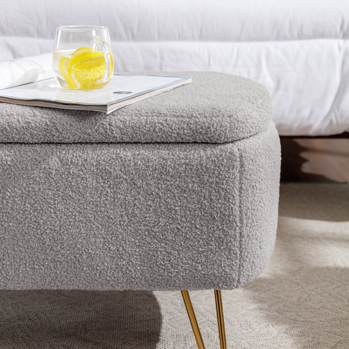 Grey Storage Ottoman Bench for End of Bed