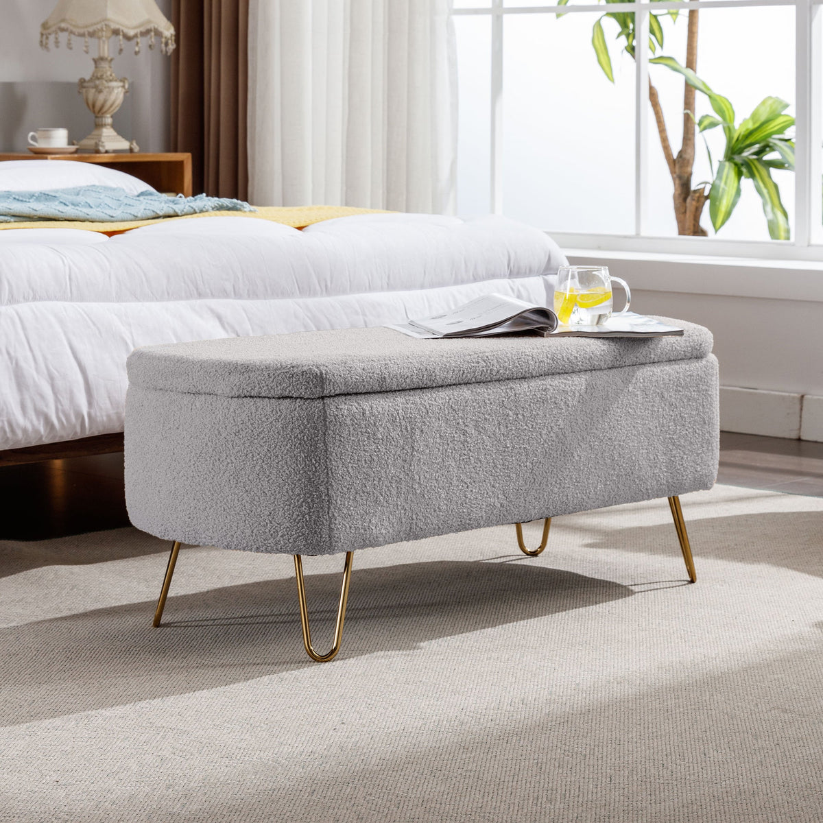 Grey Storage Ottoman Bench for End of Bed
