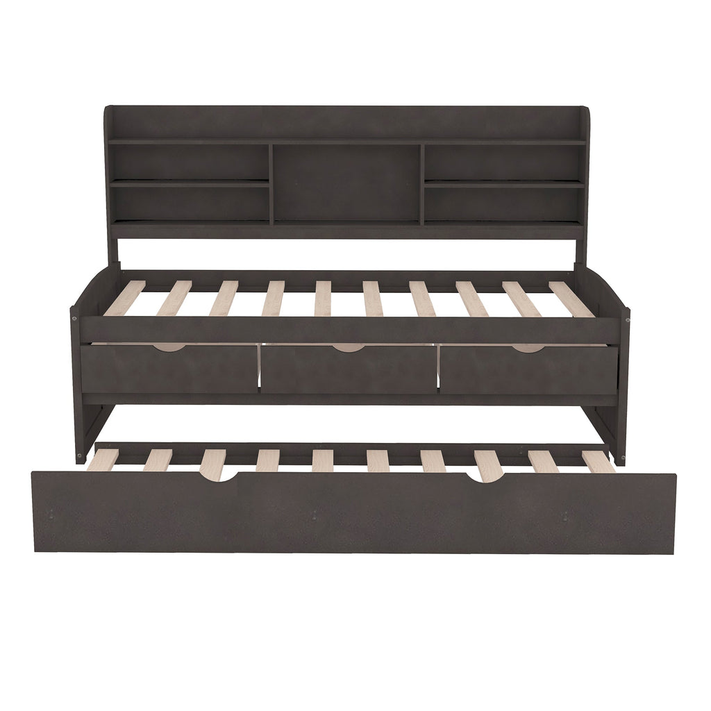 Twin Size Wooden Captain Bed with Built-in Bookshelves, Three Storage Drawers, and Trundle, Antique