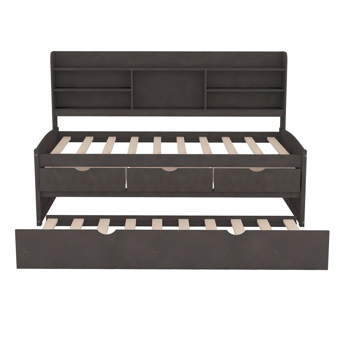 Twin Size Wooden Captain Bed with Built-in Bookshelves, Three Storage Drawers, and Trundle, Antique