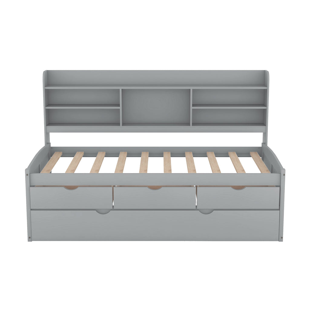 Twin Size Wooden Captain Bed with Built-in Bookshelves