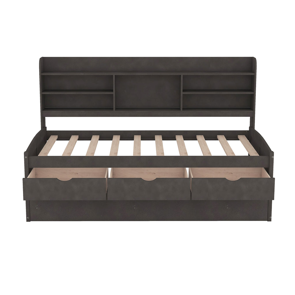 Twin Size Wooden Captain Bed with Built-in Bookshelves, Three Storage Drawers, and Trundle, Antique