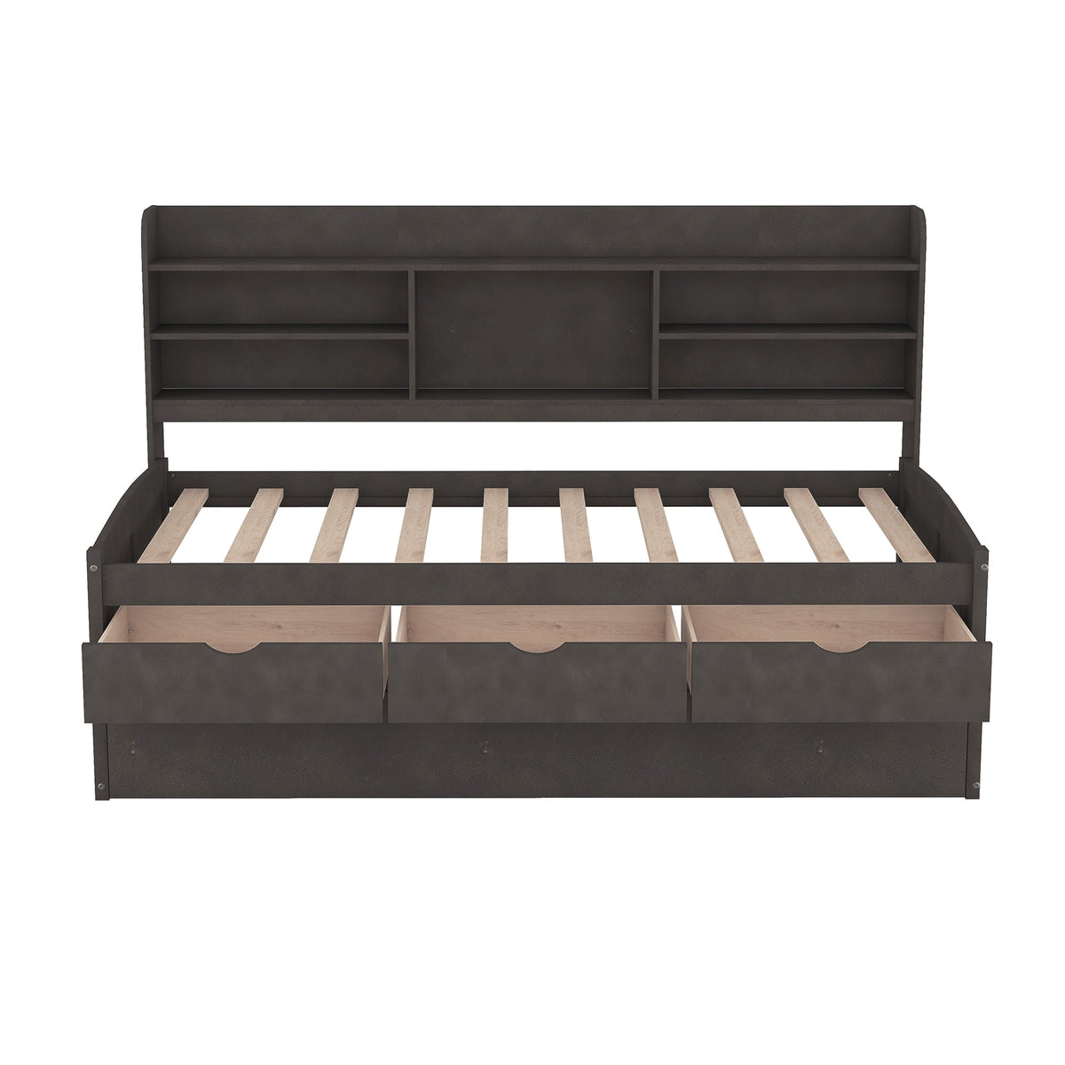 Twin Size Wooden Captain Bed with Built-in Bookshelves, Three Storage Drawers, and Trundle, Antique
