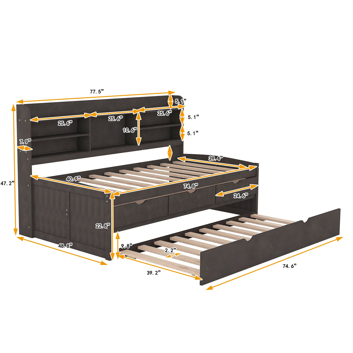 Twin Size Wooden Captain Bed with Built-in Bookshelves, Three Storage Drawers, and Trundle, Antique