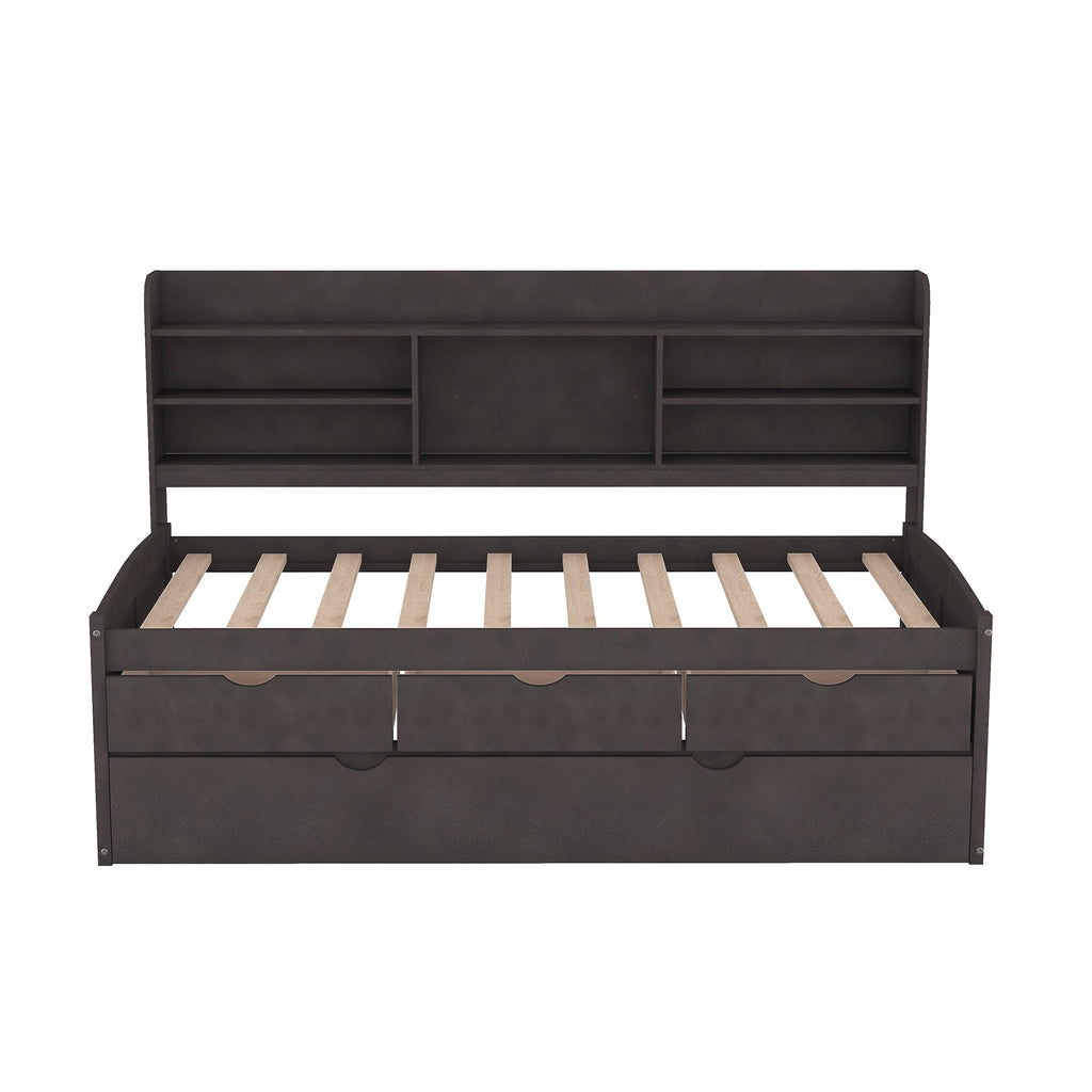 Twin Size Wooden Captain Bed with Built-in Bookshelves, Three Storage Drawers, and Trundle, Antique