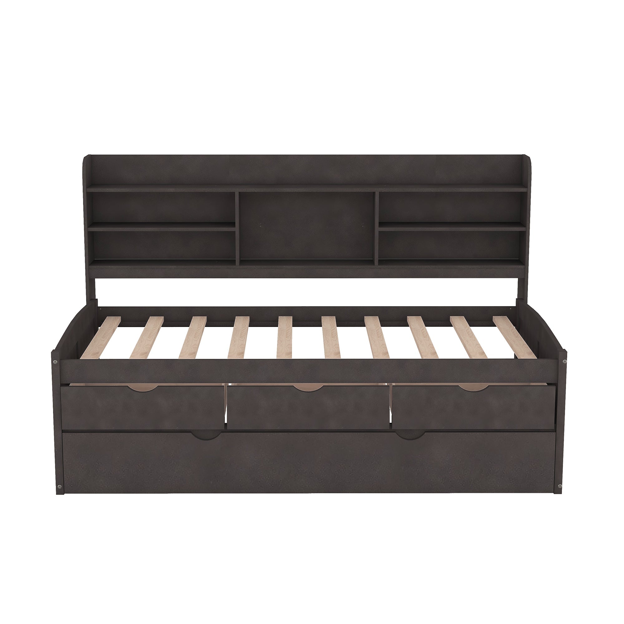 Twin Size Wooden Captain Bed with Built-in Bookshelves, Three Storage Drawers, and Trundle, Antique