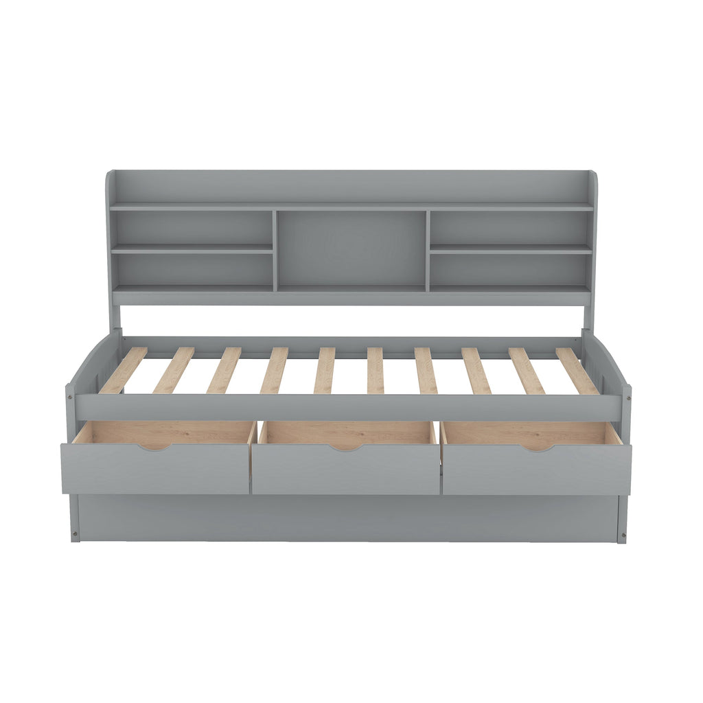 Twin Size Wooden Captain Bed with Built-in Bookshelves