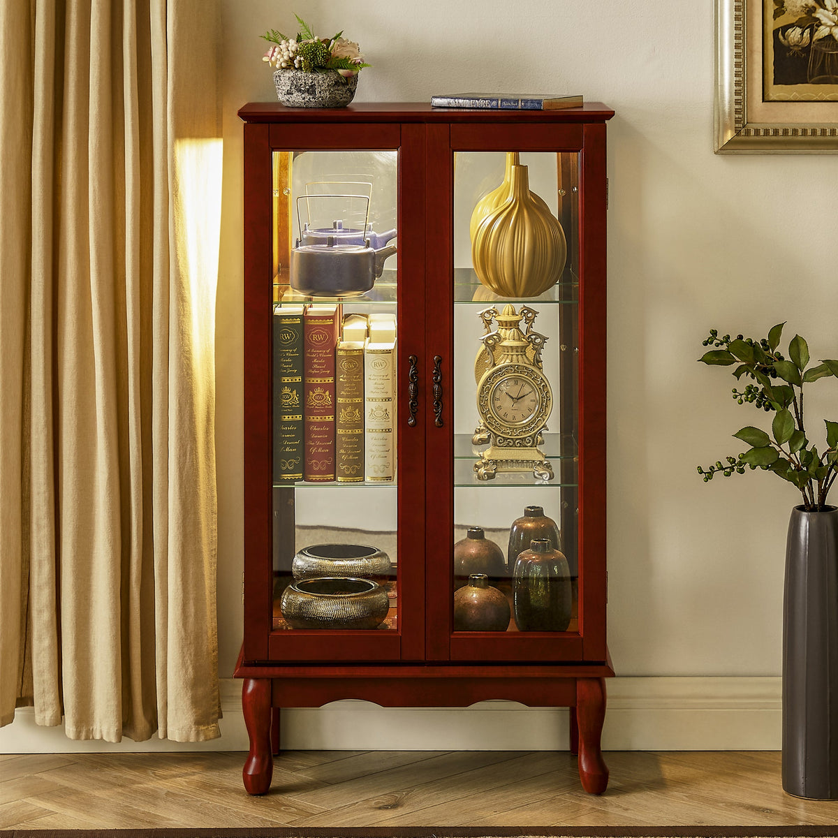 Lighted Cherry Curio Cabinet with Adjustable Shelves