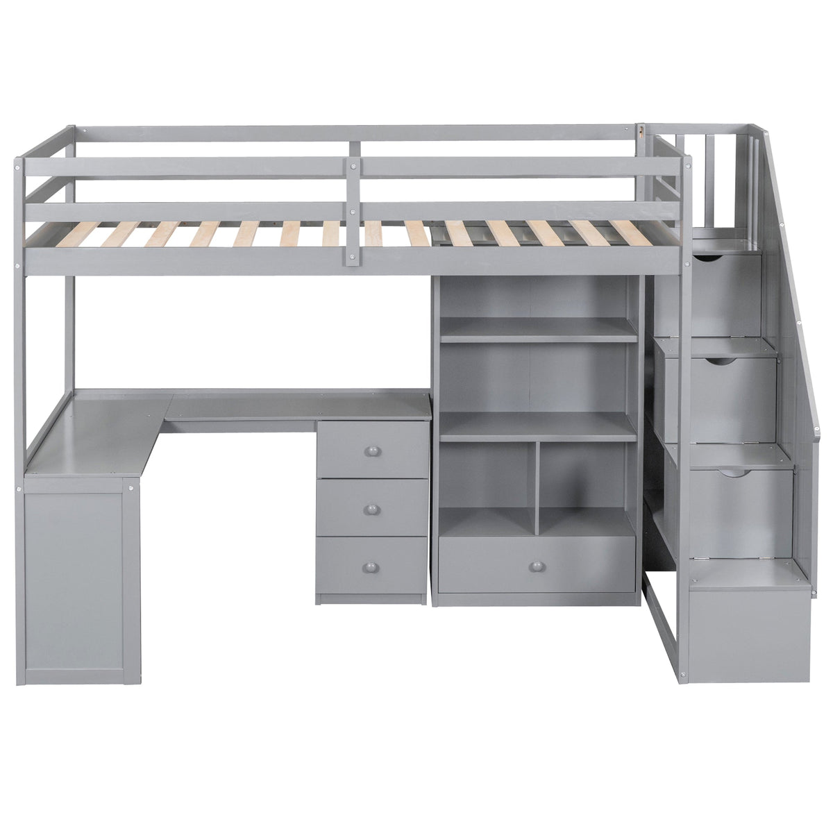 Twin Size Loft Bed with L-Shaped Desk and Drawers