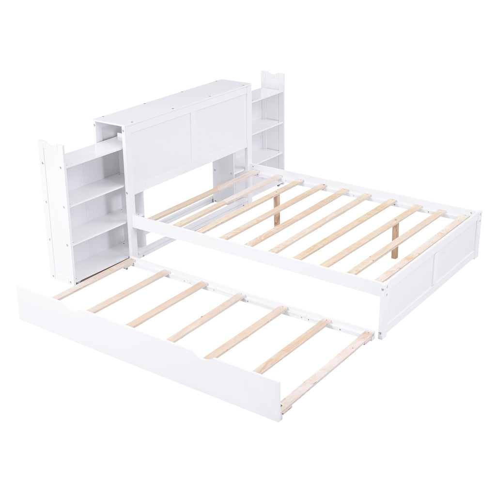 Full Size Storage Platform Bed with Pull Out Shelves and Twin Size Trundle