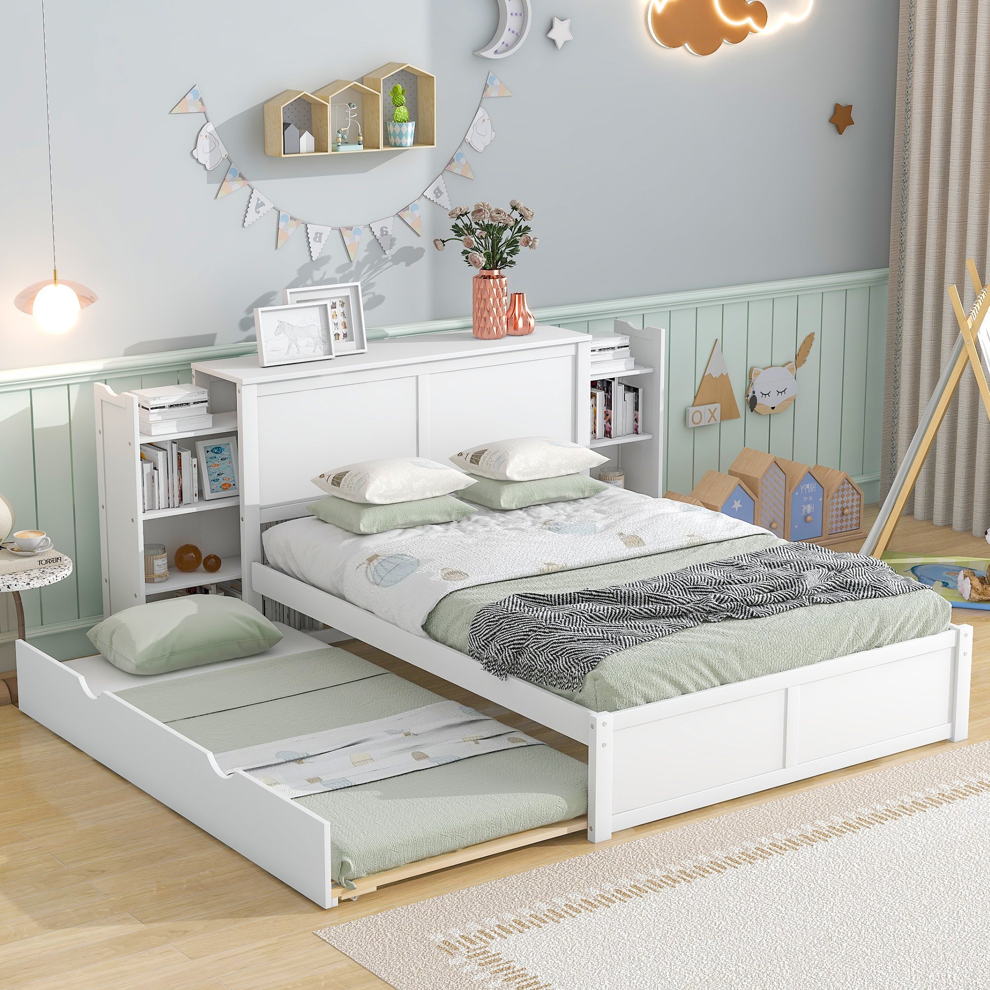 Full Size Storage Platform Bed with Pull Out Shelves and Twin Size Trundle