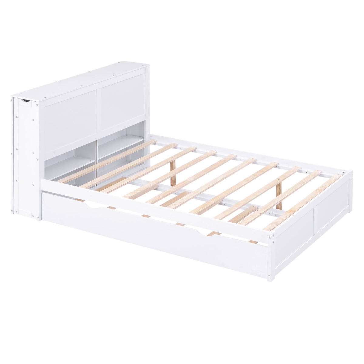 Full Size Storage Platform Bed with Pull Out Shelves and Twin Size Trundle