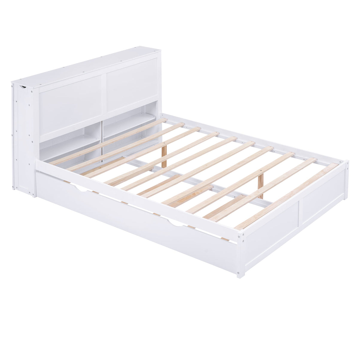 Queen Size Storage Platform Bed with Pull Out Shelves and Twin XL Size Trundle