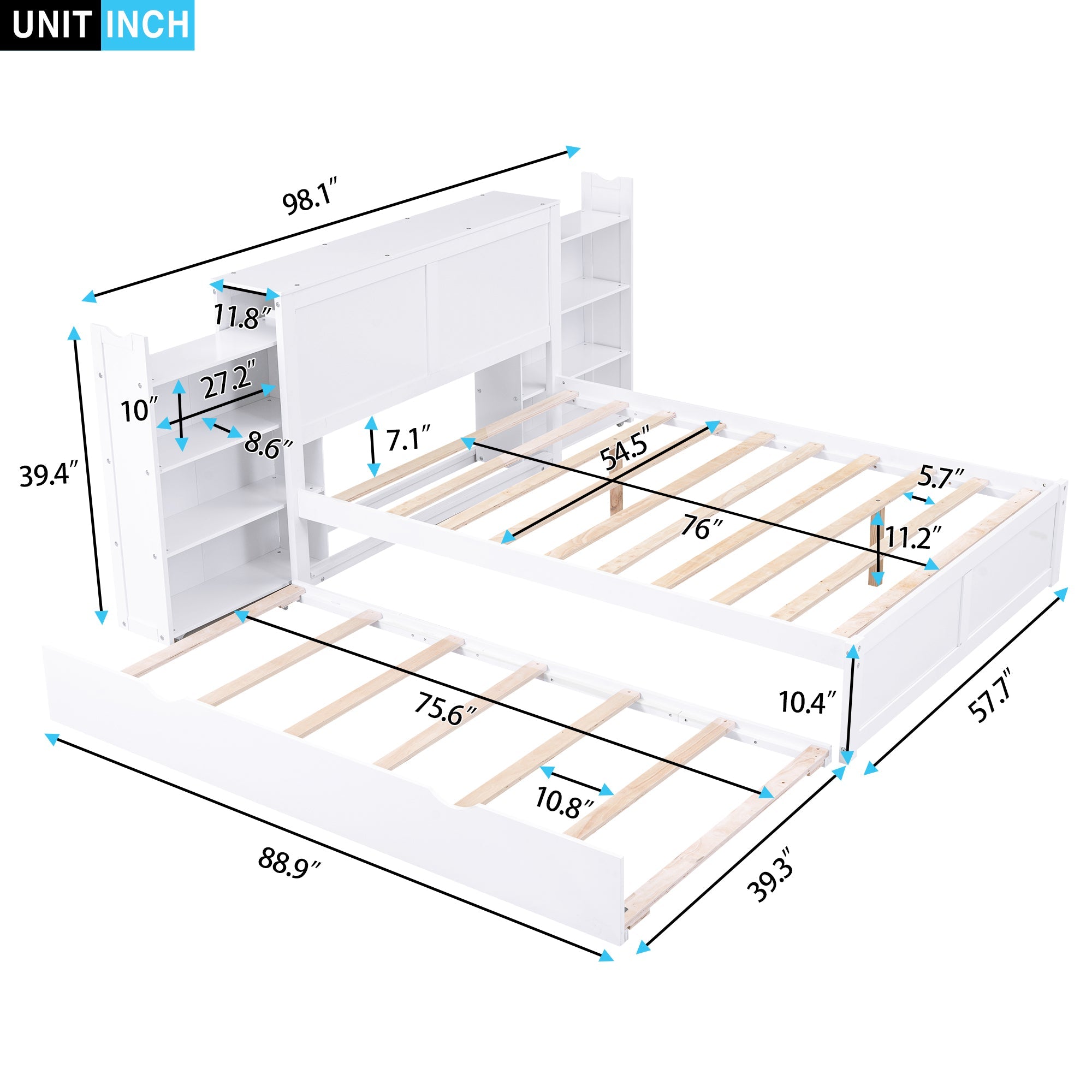Full Size Storage Platform Bed with Pull Out Shelves and Twin Size Trundle