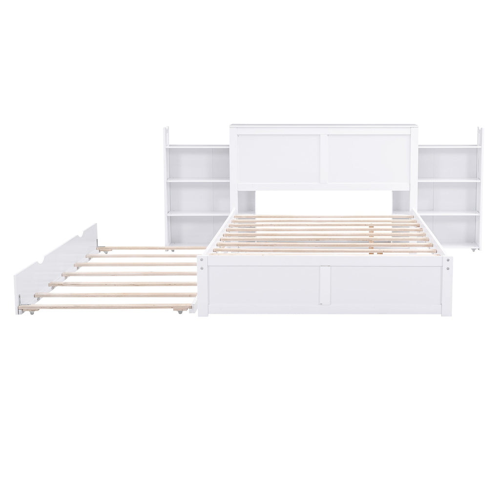 Full Size Storage Platform Bed with Pull Out Shelves and Twin Size Trundle
