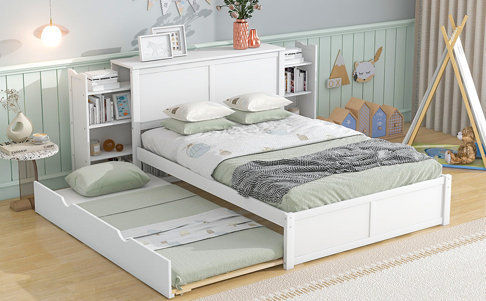 Full Size Storage Platform Bed with Pull Out Shelves and Twin Size Trundle