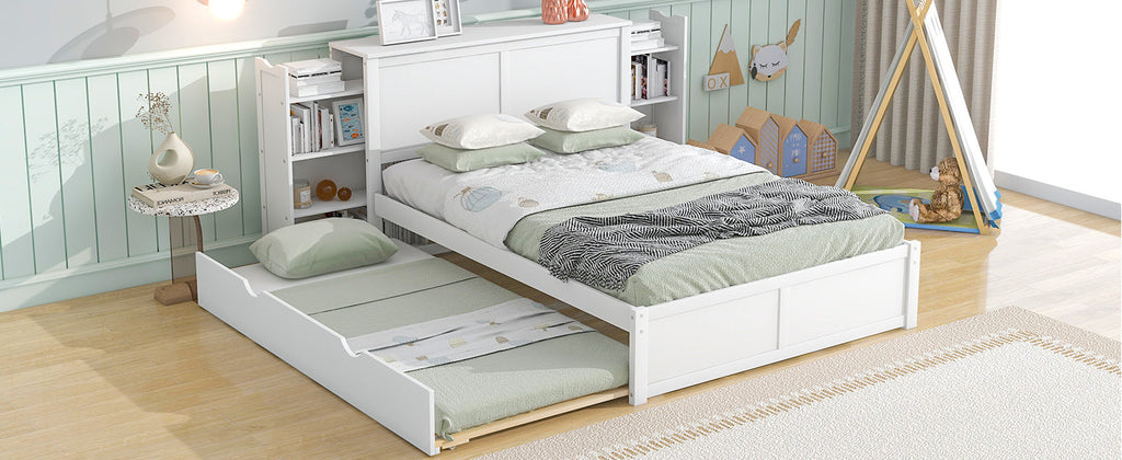 Full Size Storage Platform Bed with Pull Out Shelves and Twin Size Trundle
