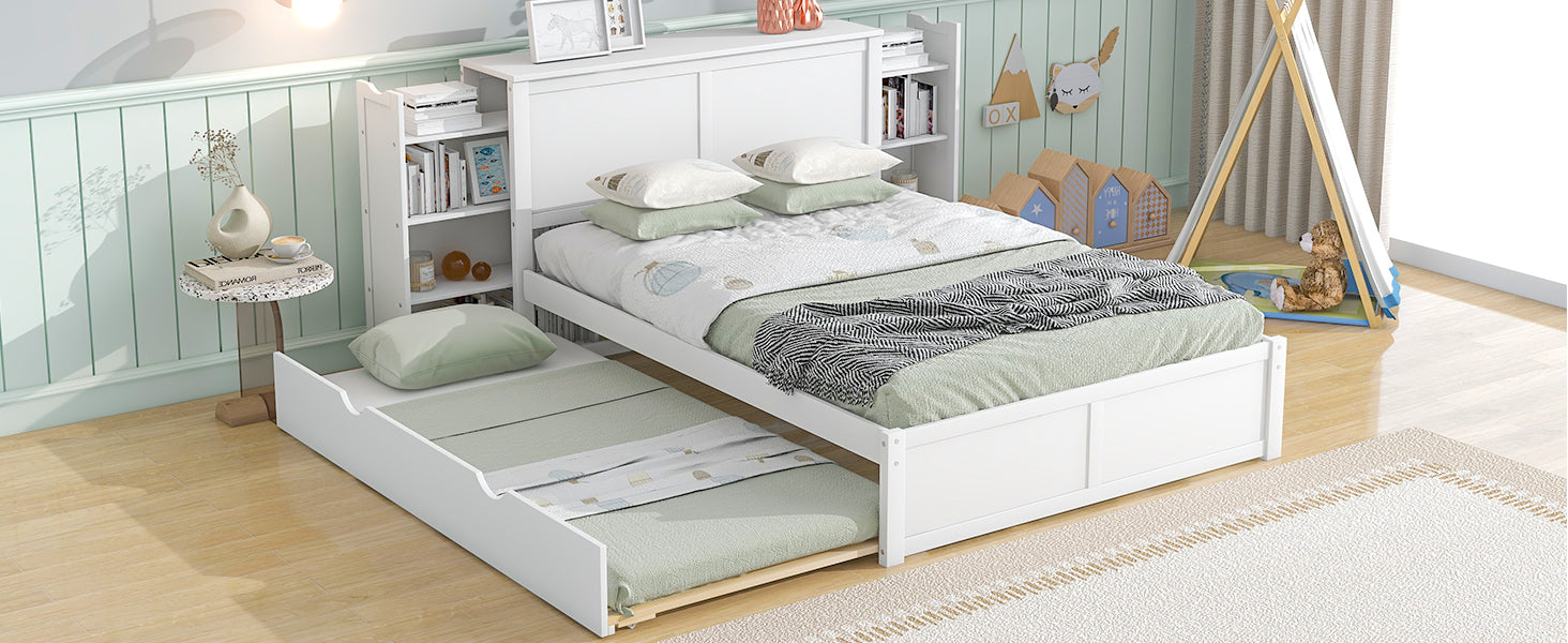 Full Size Storage Platform Bed with Pull Out Shelves and Twin Size Trundle