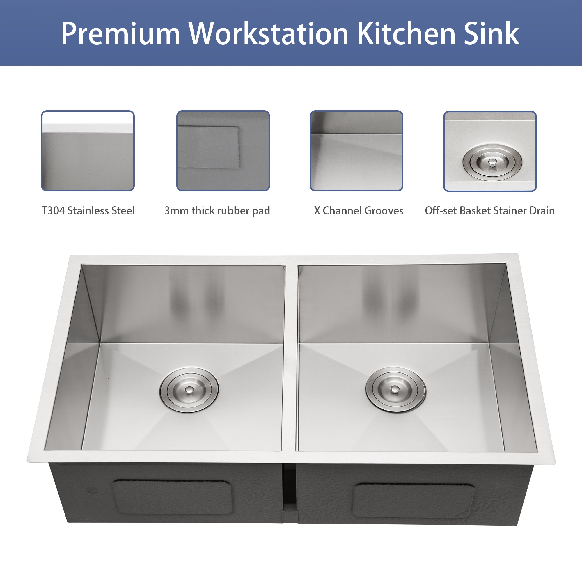 Undermount Double Bowl Kitchen Sink (50/50) in 16 Gauge Stainless Steel