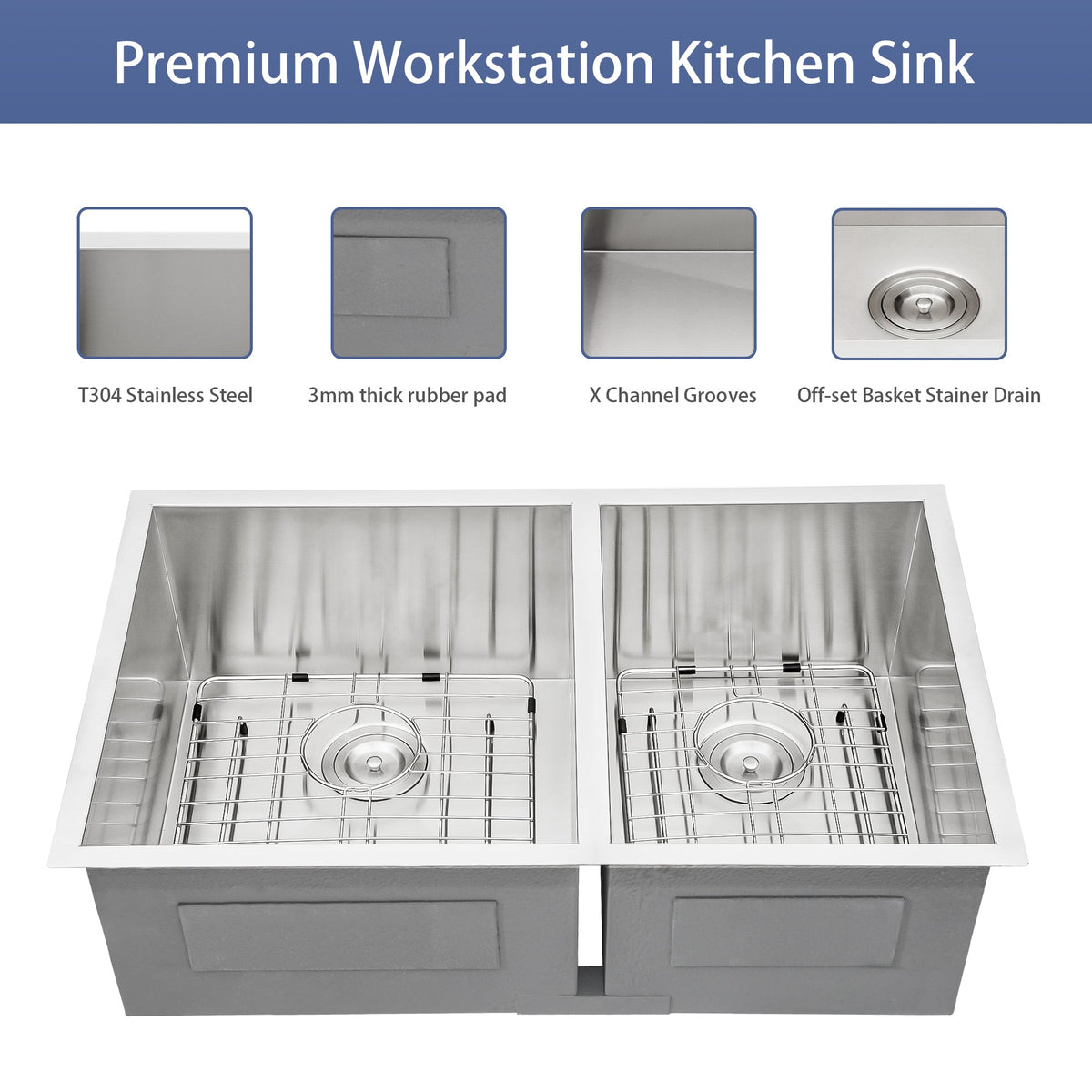 16 Gauge Stainless Steel Undermount Double Bowl Kitchen Sink