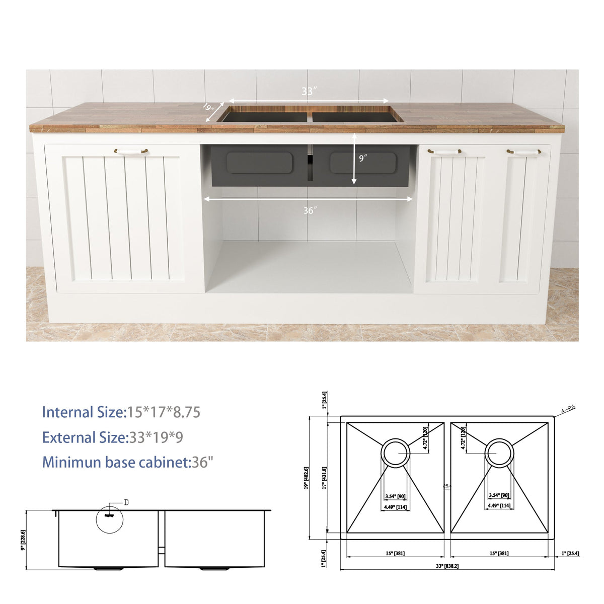 Undermount Double Bowl Kitchen Sink (50/50) in 16 Gauge Stainless Steel