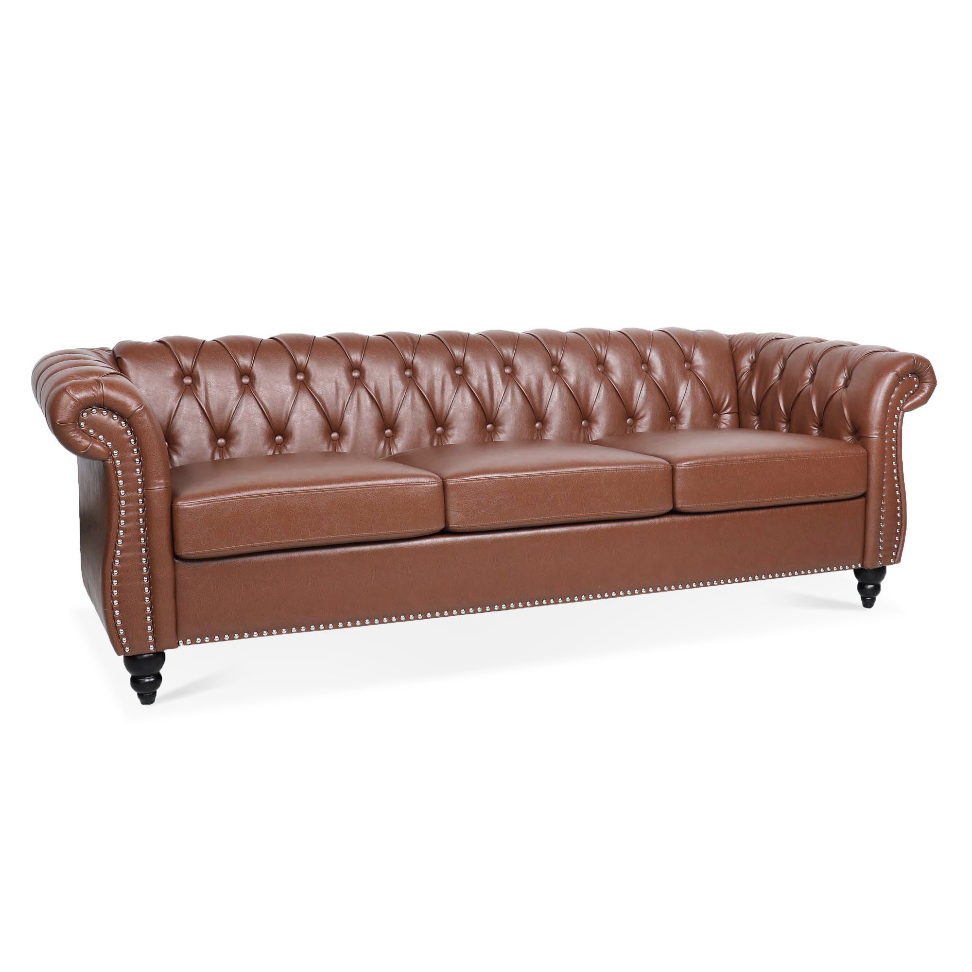 Brown PU Rolled Arm Chesterfield Three Seater Sofa
