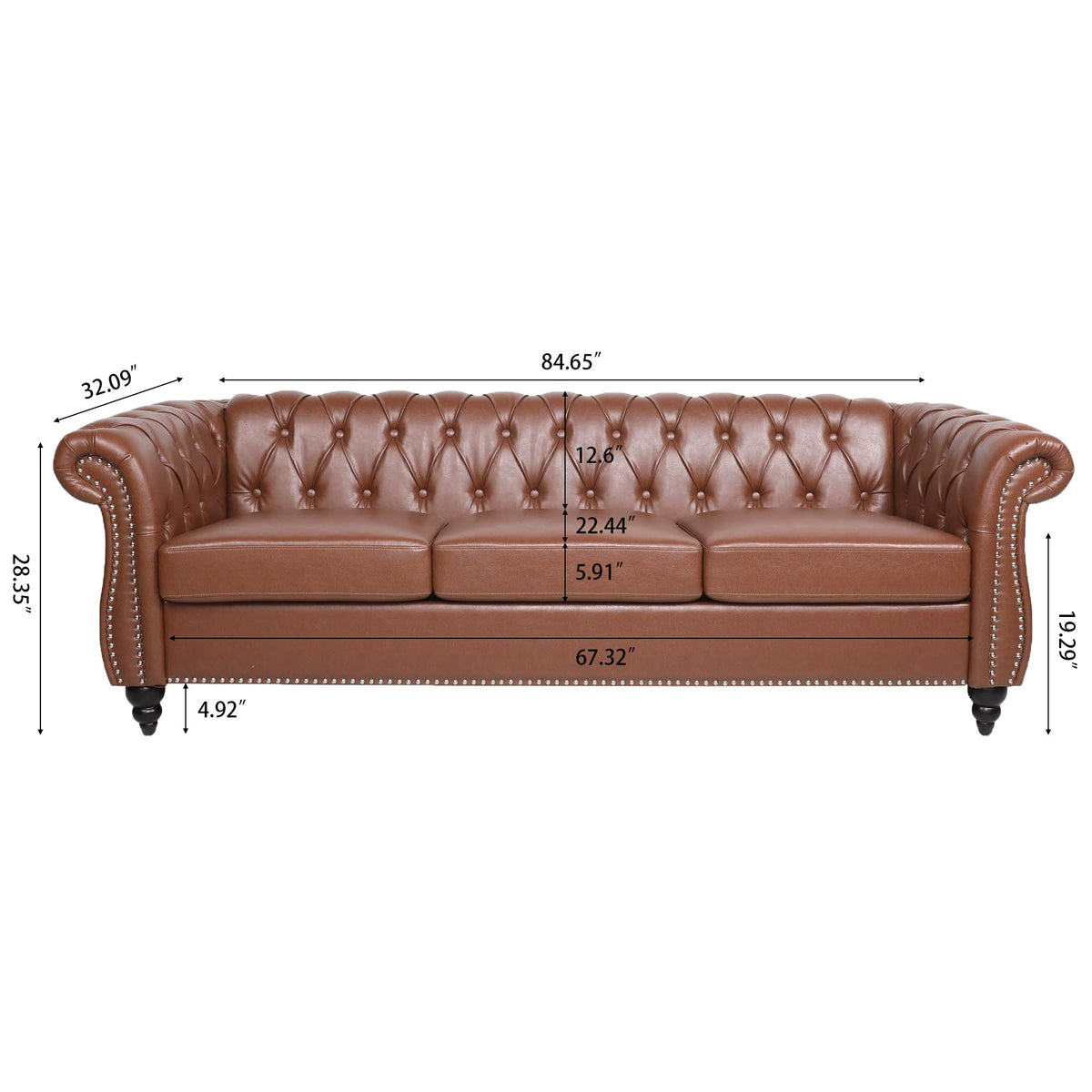 Brown PU Rolled Arm Chesterfield Three Seater Sofa