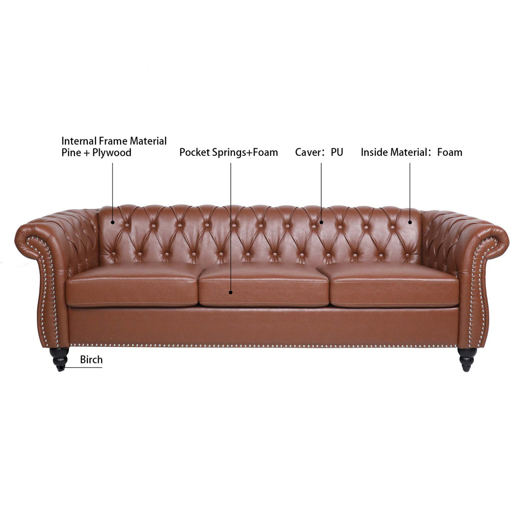 Brown PU Rolled Arm Chesterfield Three Seater Sofa