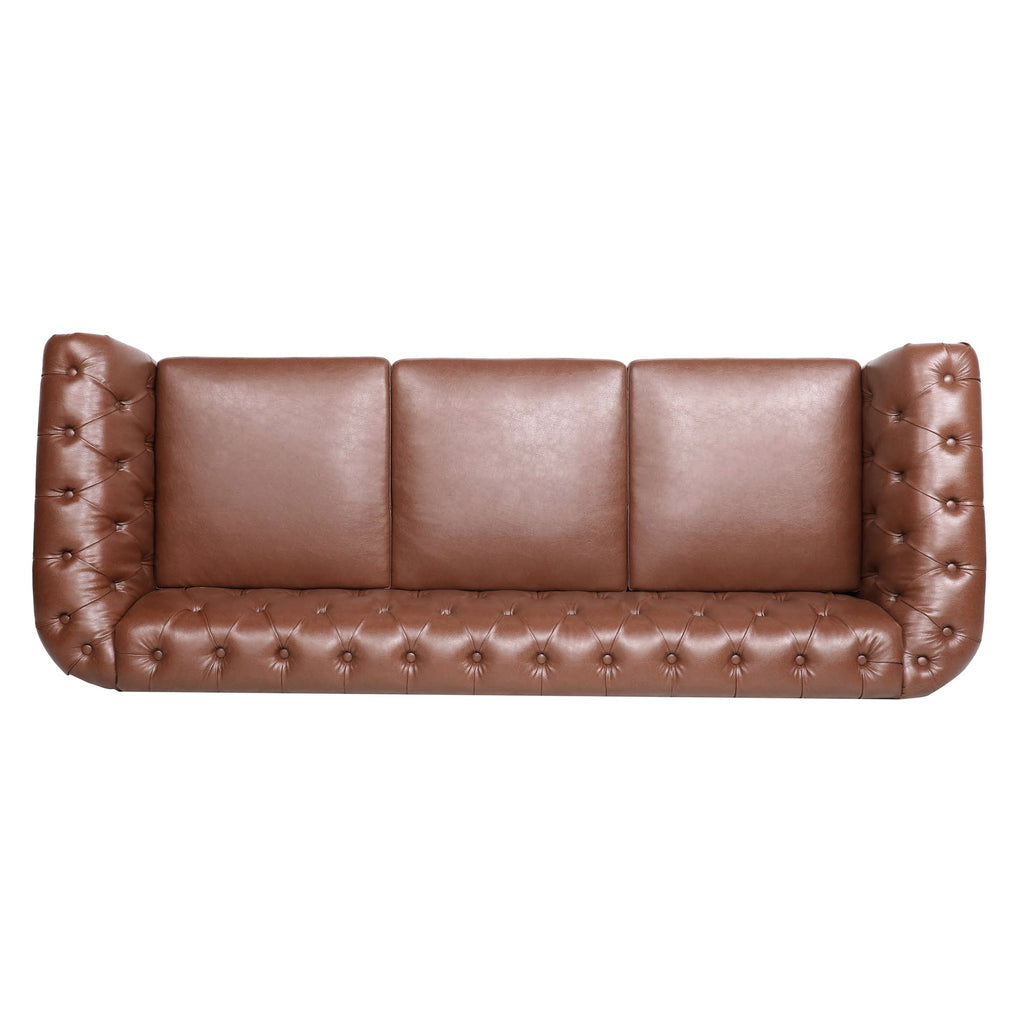 Brown PU Rolled Arm Chesterfield Three Seater Sofa