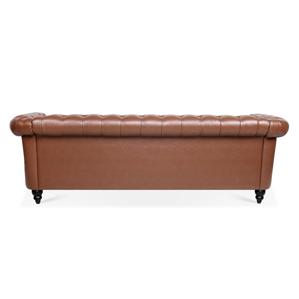 Brown PU Rolled Arm Chesterfield Three Seater Sofa