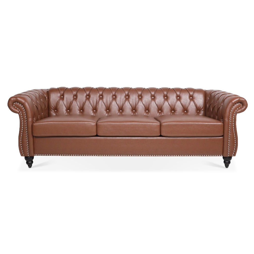 Brown PU Rolled Arm Chesterfield Three Seater Sofa