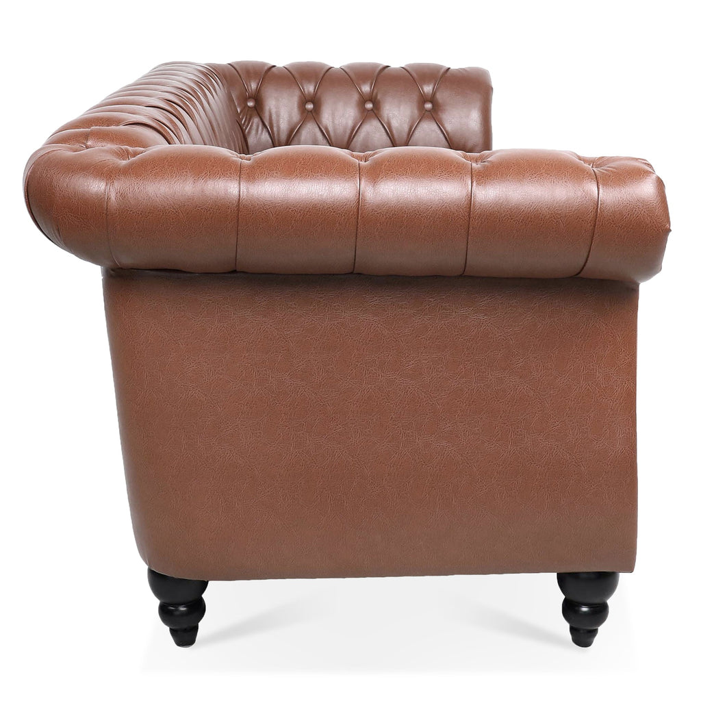 Brown PU Rolled Arm Chesterfield Three Seater Sofa