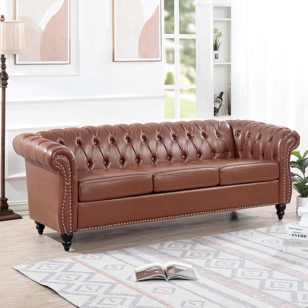 Brown PU Rolled Arm Chesterfield Three Seater Sofa