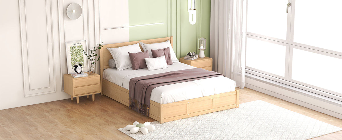 Queen Size Wood Platform Bed with Underneath Storage and 2 Drawers