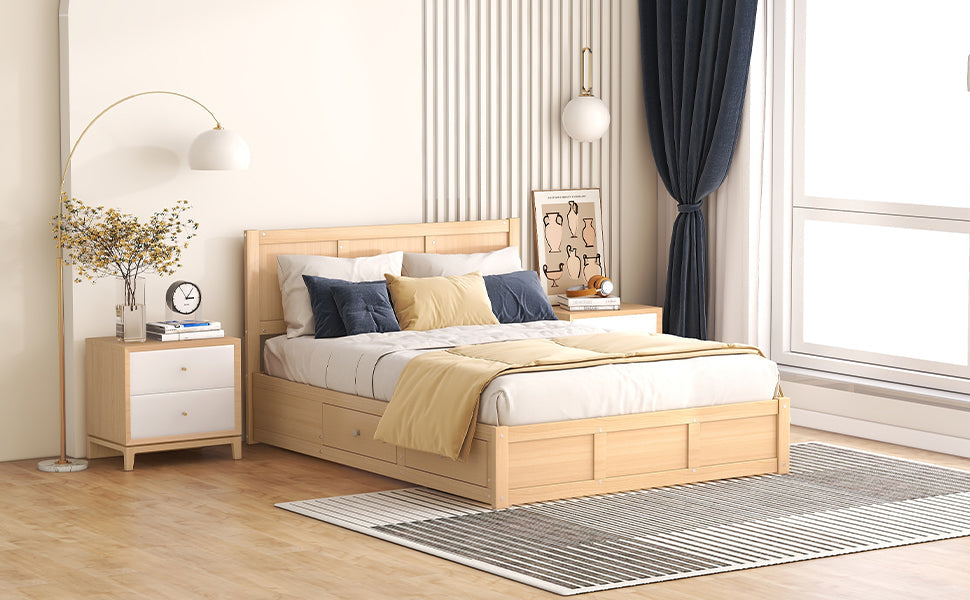 Full Size Wood Platform Bed with Underneath Storage and 2 Drawers