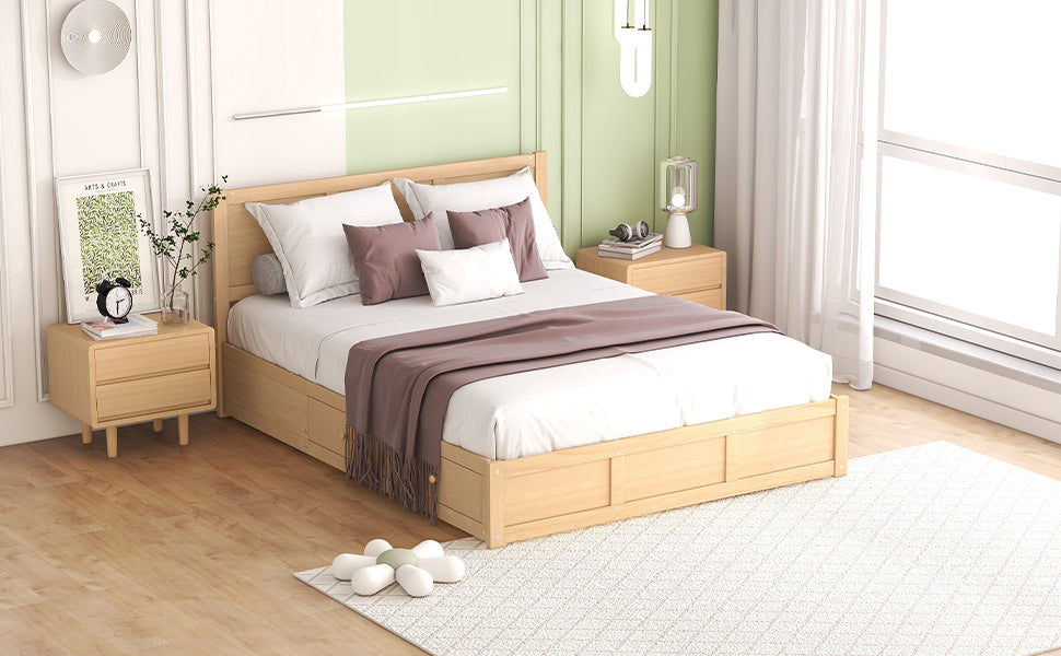 Queen Size Wood Platform Bed with Underneath Storage and 2 Drawers