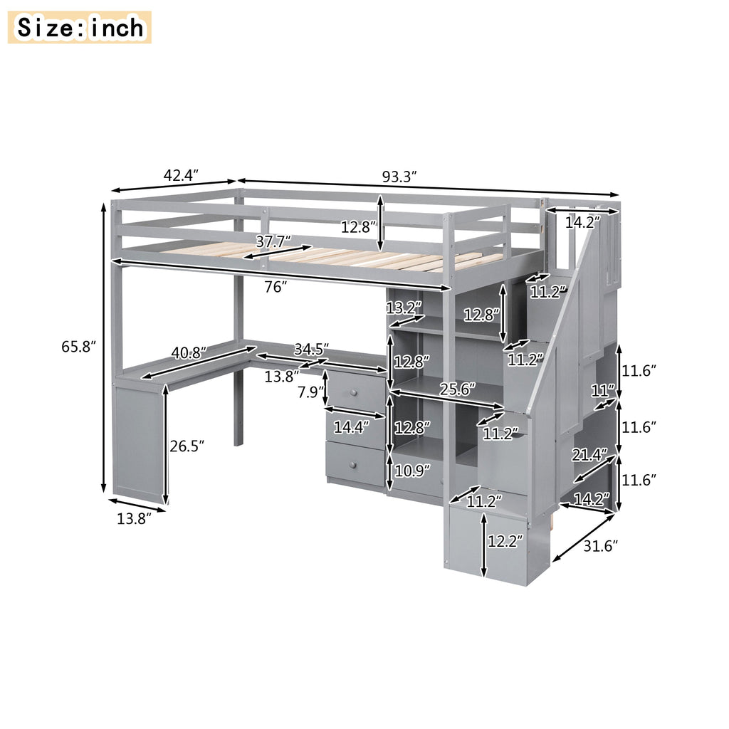 Twin Size Loft Bed with L-Shaped Desk and Drawers