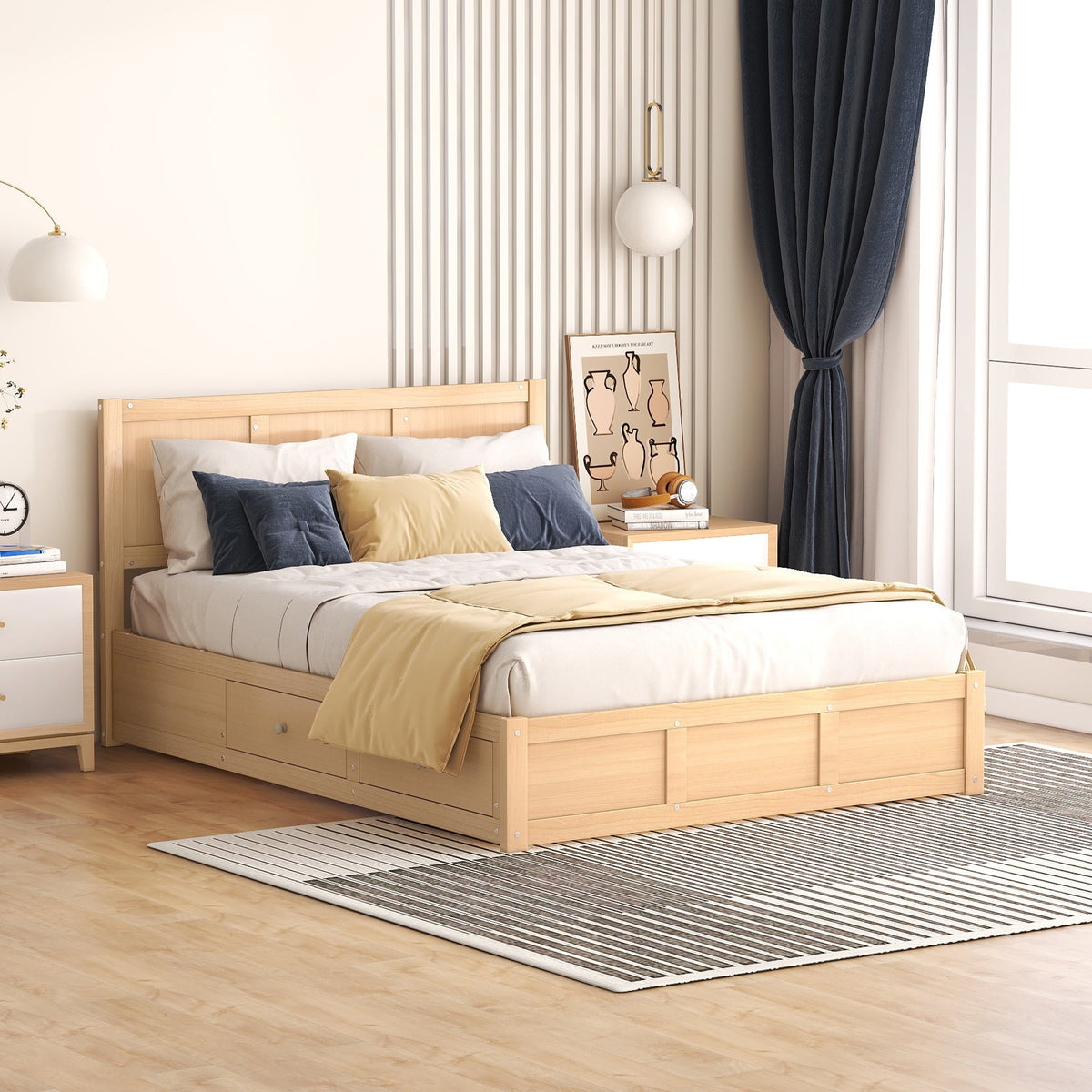 Full Size Wood Platform Bed with Underneath Storage and 2 Drawers