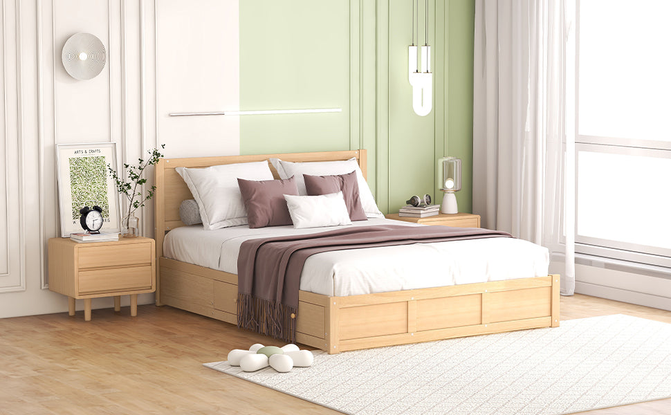 Queen Size Wood Platform Bed with Underneath Storage and 2 Drawers