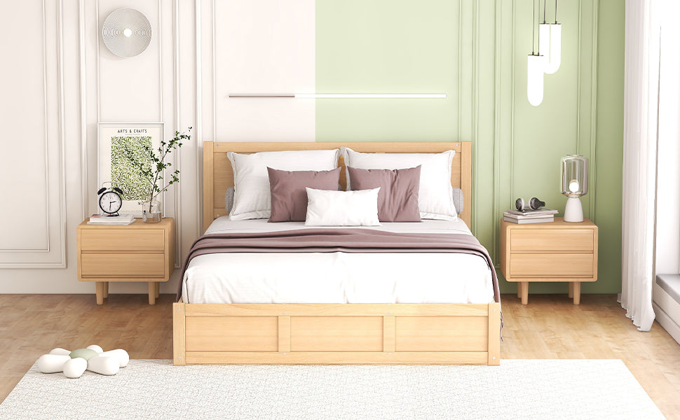 Queen Size Wood Platform Bed with Underneath Storage and 2 Drawers